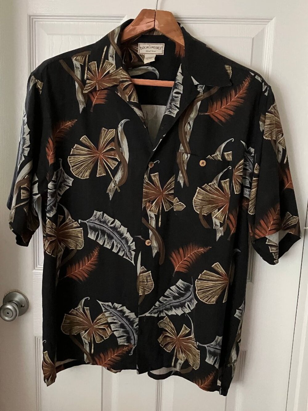 BOCA CLASSICS Island wear Shirt Black/Green print Silk Short slvs Buttons Sz XL